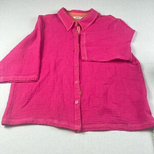 Linen Blend Womens sz 3X Natalie & Me Gauzy Button Up Blouse Pink/Orange Cozy